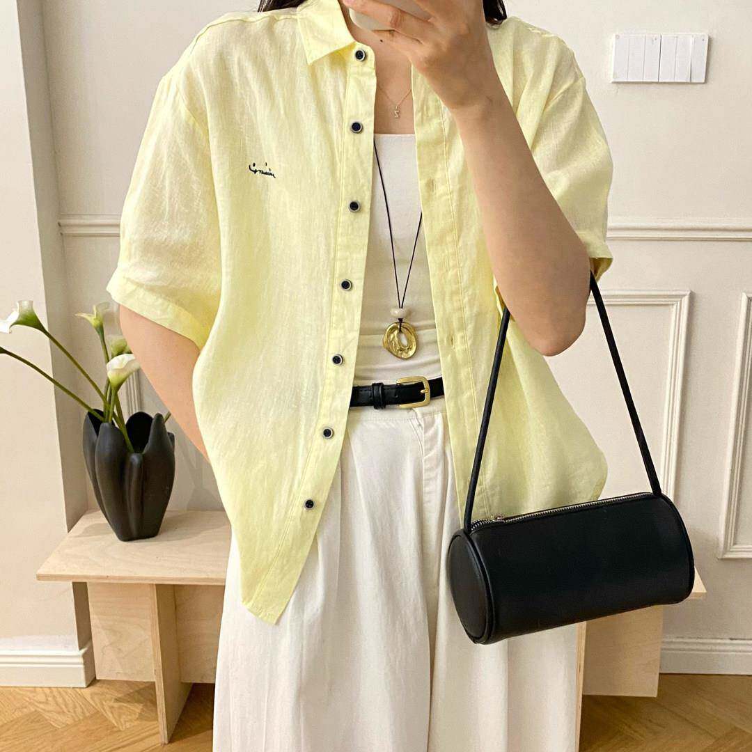 极速韩系简约白色亚麻衬衫女长袖刺绣翻领百搭显瘦气质上衣