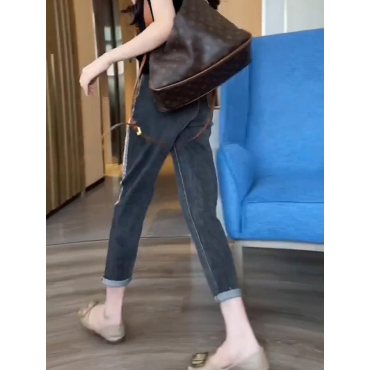 极速八分直筒牛仔裤女春秋大码女装薄款亮片弹力高腰显瘦九分哈伦