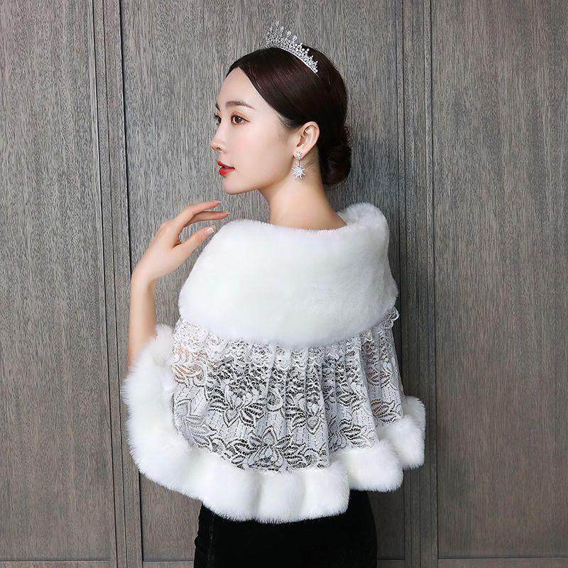 旗袍披肩婚纱加厚毛毛披肩女旗袍外搭高贵秋冬礼服披风复古冬季白