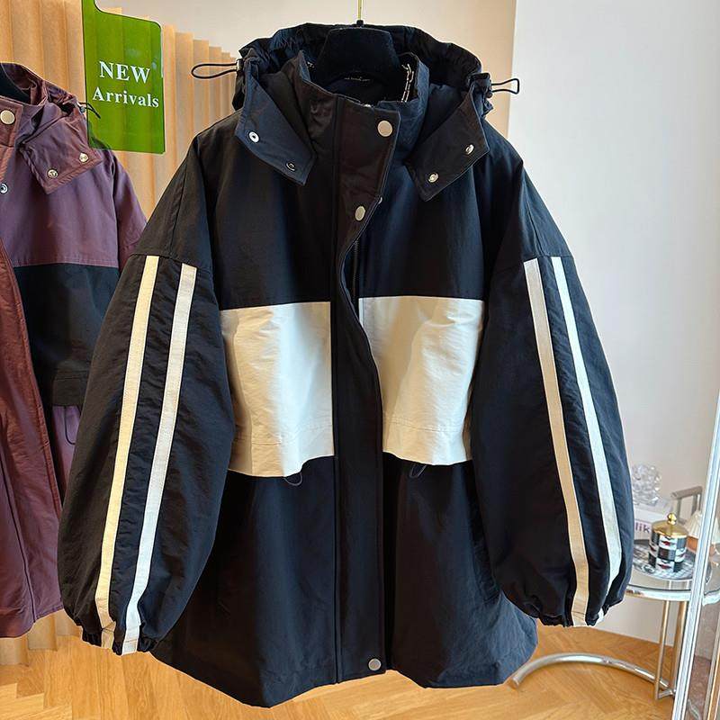 推荐大码撞色拼接连帽棒球服外套女2025秋冬新款时尚宽松夹棉开衫