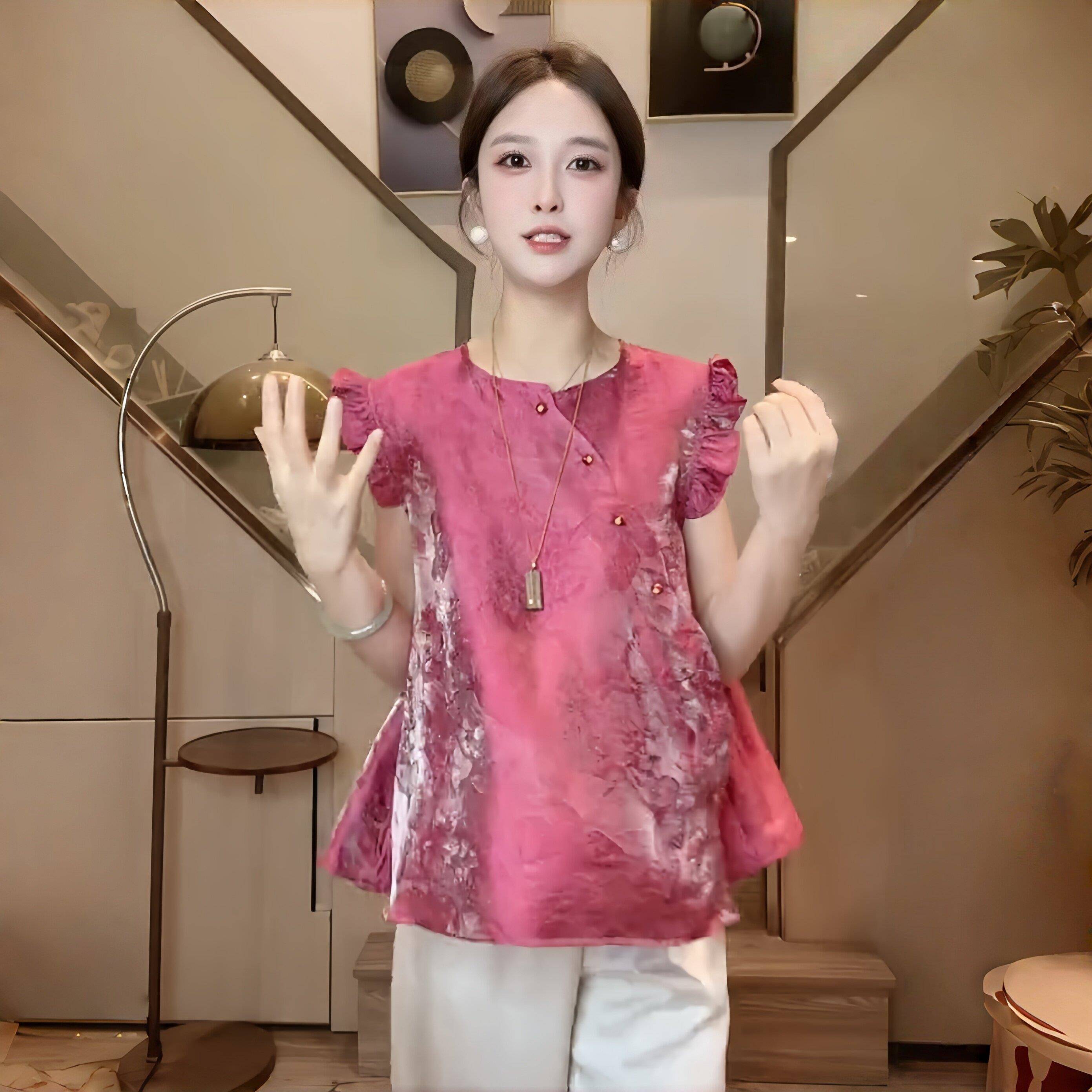 极速绝美女神范别致木耳荷叶边无袖小衫蝴蝶提花新中式改良上衣20