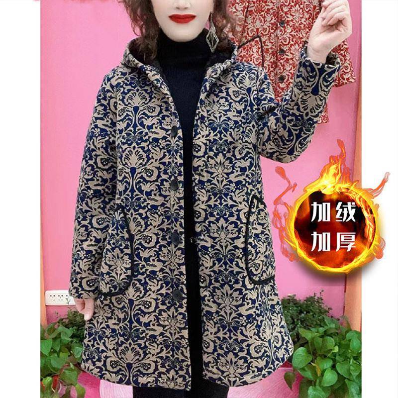 极速加绒加厚碎花连帽风衣外套女冬季新款加绒加厚宽松中长款妈妈