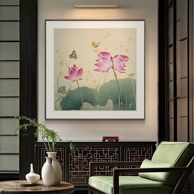 并蒂莲花客厅玄关装饰画蝴蝶荷花走廊过道挂画中式方形背景墙壁画图片