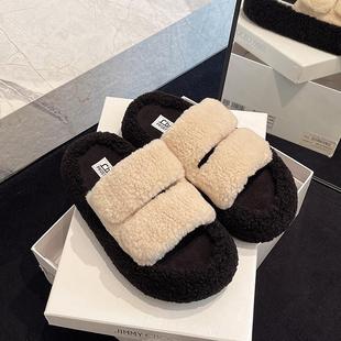 推荐厚底毛毛拖鞋女2025秋冬新款外穿保暖增高懒人羊羔毛魔术贴棉