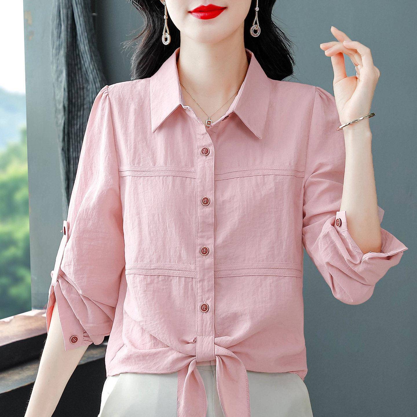 极速时尚气质长袖棉麻衬衫女早秋新款设计感下摆打结衬衣洋气短款