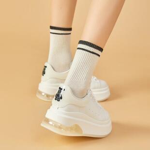 推荐厚底板鞋女款增高8cm6cm百搭显瘦真皮系带防滑耐磨圆头休闲运