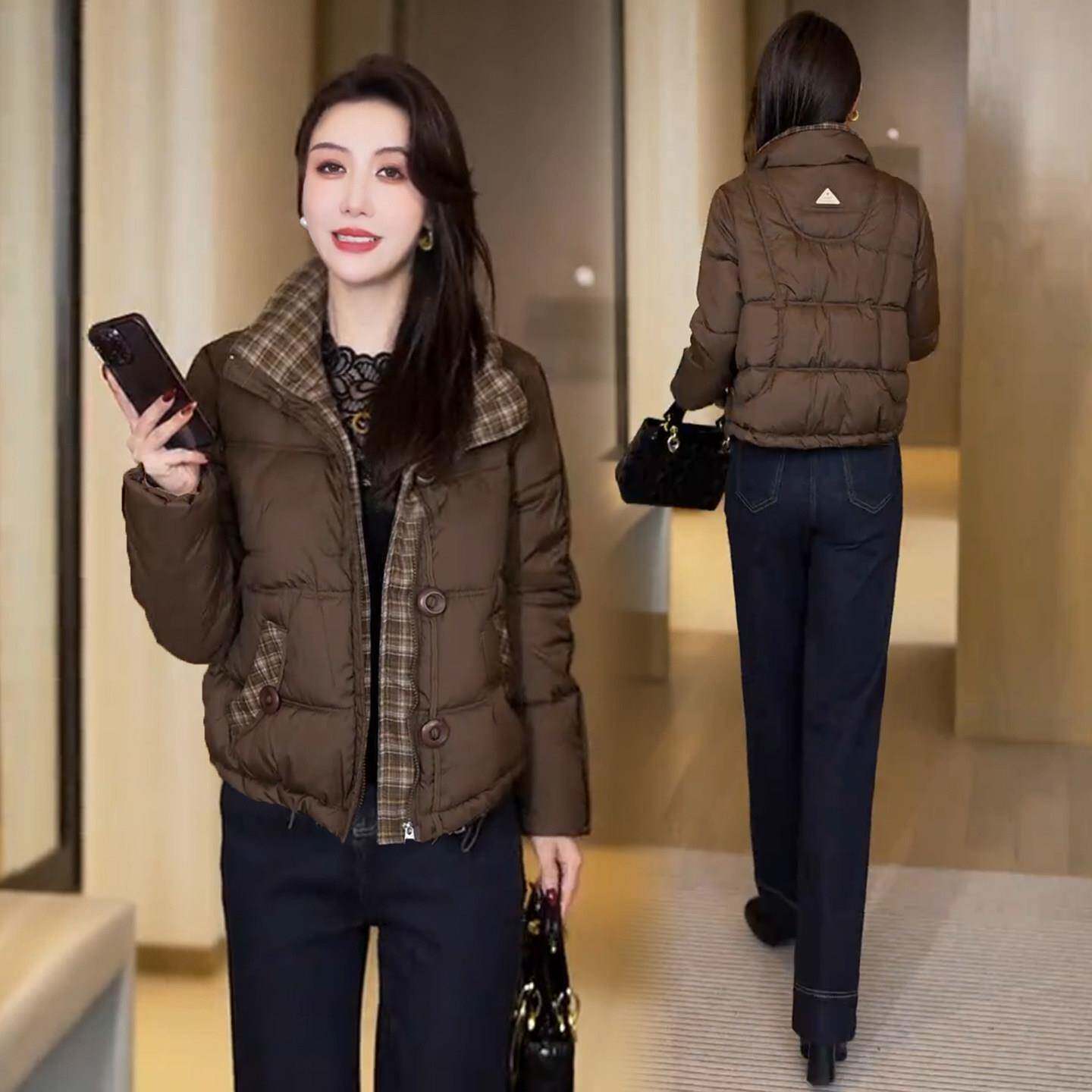 极速时尚格子拼接羽绒棉服女2026冬季新款洋气小个子保暖短款棉袄