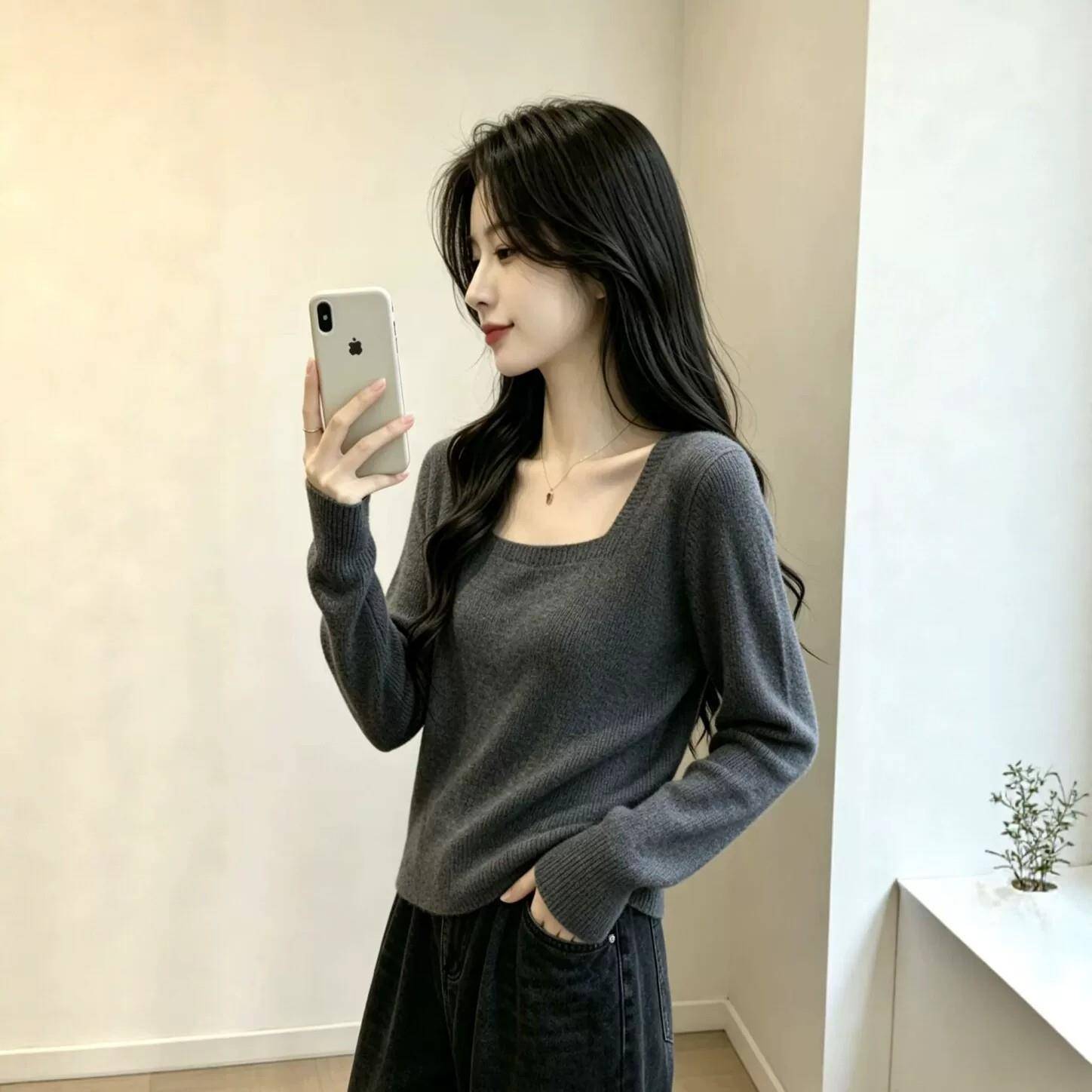 极速方领长袖内搭针织衫女毛衣修身显瘦打底衫秋冬新款气质高级感