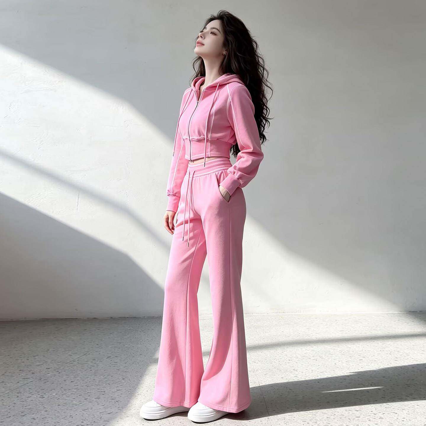 极速粉色高级感休闲运动套装女2026秋季显瘦气质拉链卫衣喇叭裤两