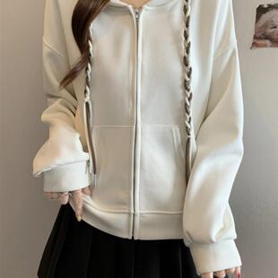 抽绳连帽卫衣外套女春秋2025新款大码胖mm显瘦设计感短款开衫上衣