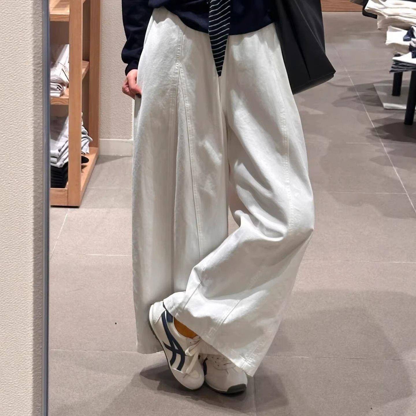 极速日系简约白色弯刀气球裤女春秋新款百搭高腰休闲宽松显瘦阔腿