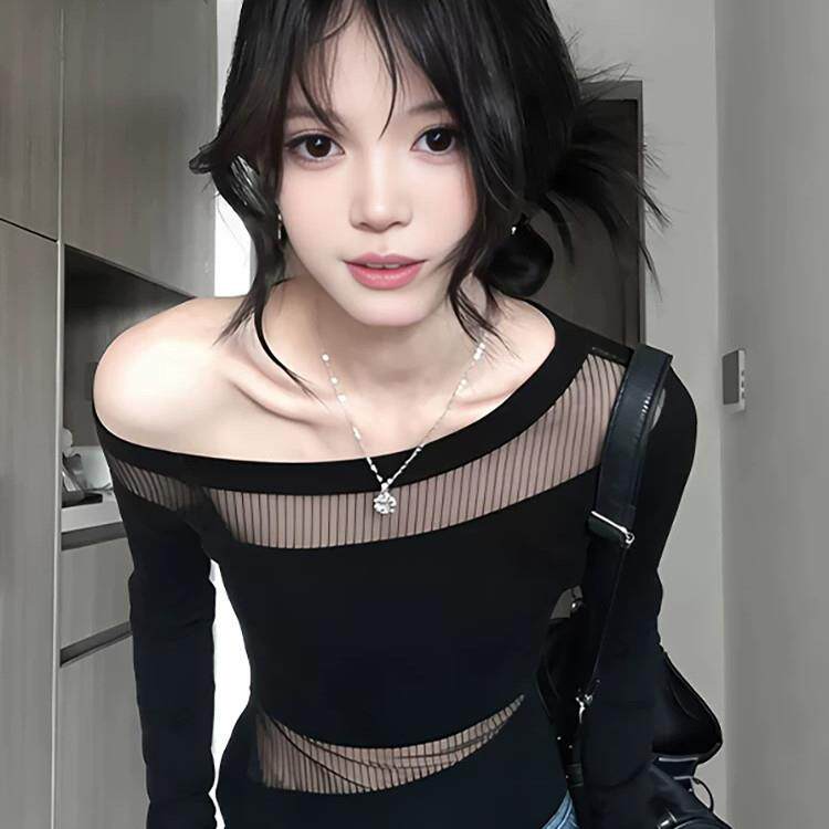极速美式辣妹风斜肩网纱拼接女春秋修身黑色镂空上衣显瘦短款露肩