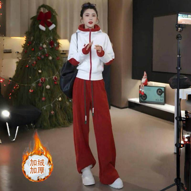 极速加绒加厚休闲运动套装女秋冬新款时尚拼色连帽卫衣卫裤保暖两