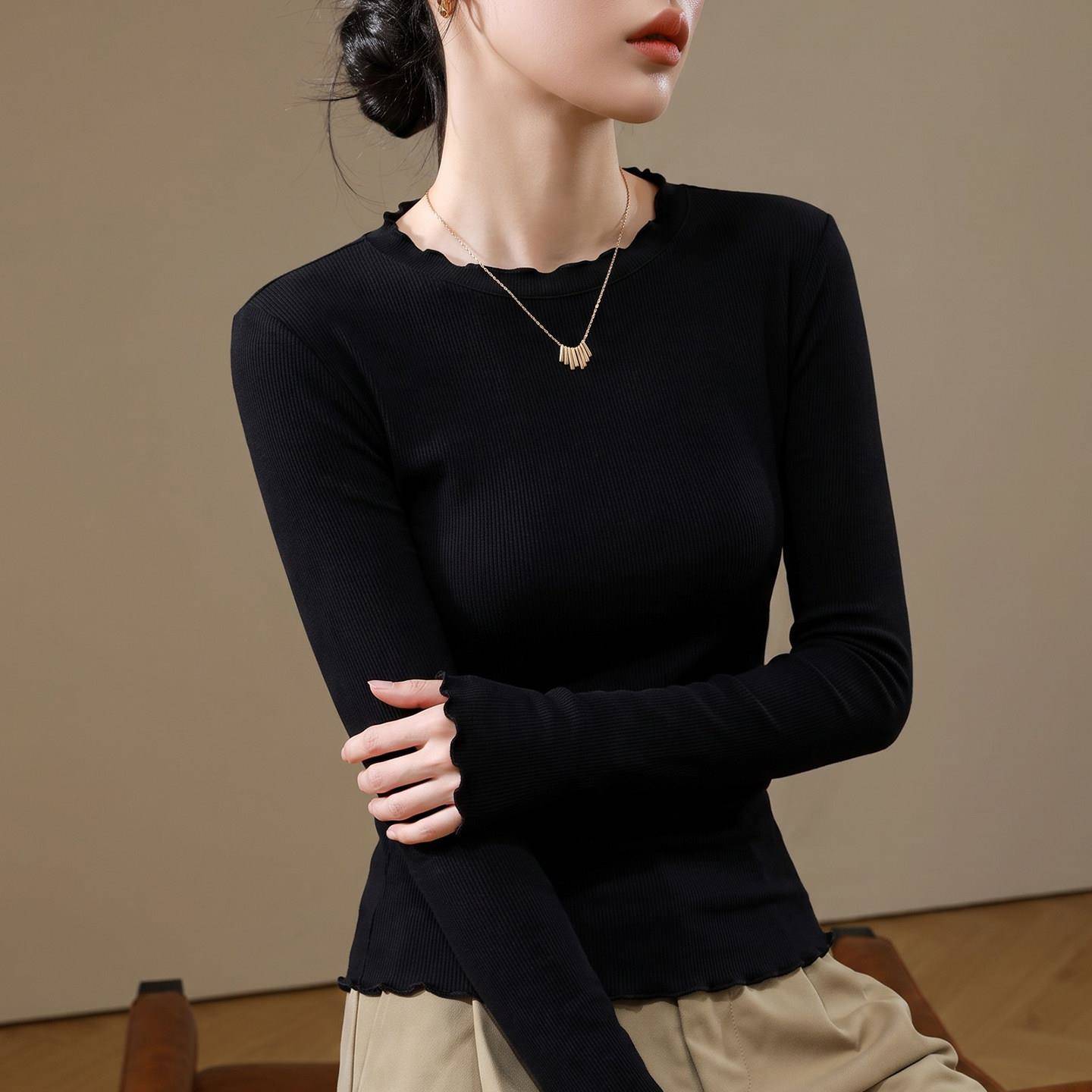 极速黑色打底衫女长袖秋季新款漂亮小衫修身气质内搭外穿荷叶圆领