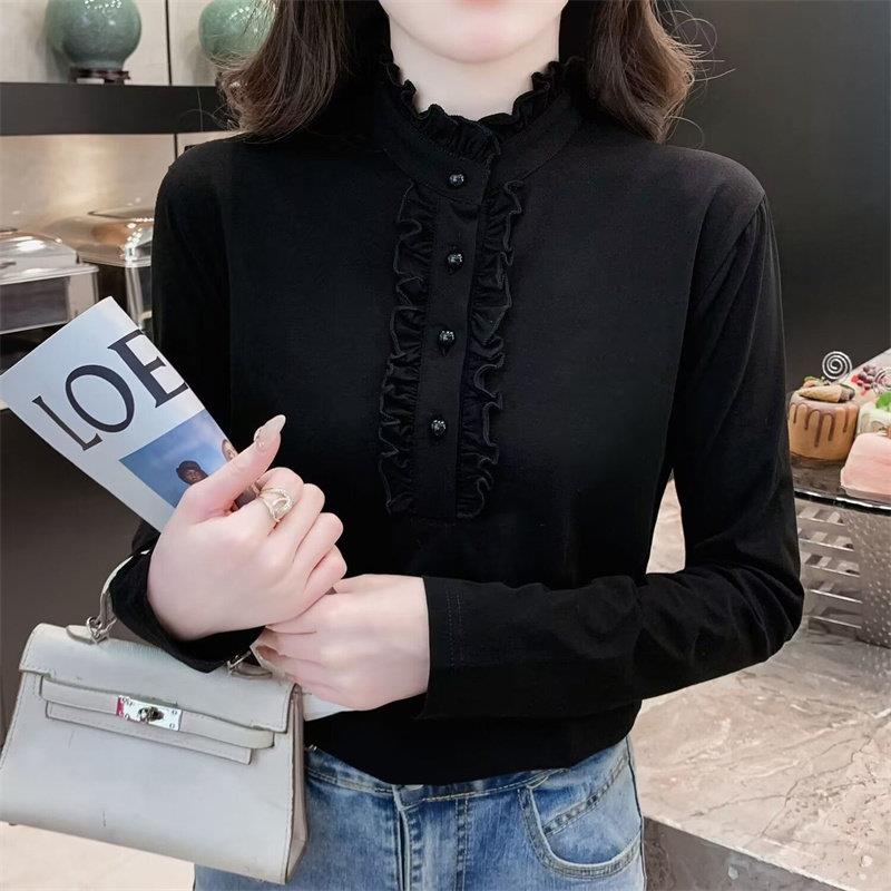 极速秋冬季高档气质木耳边打底衫女妈妈装修身内搭保暖长袖上衣女