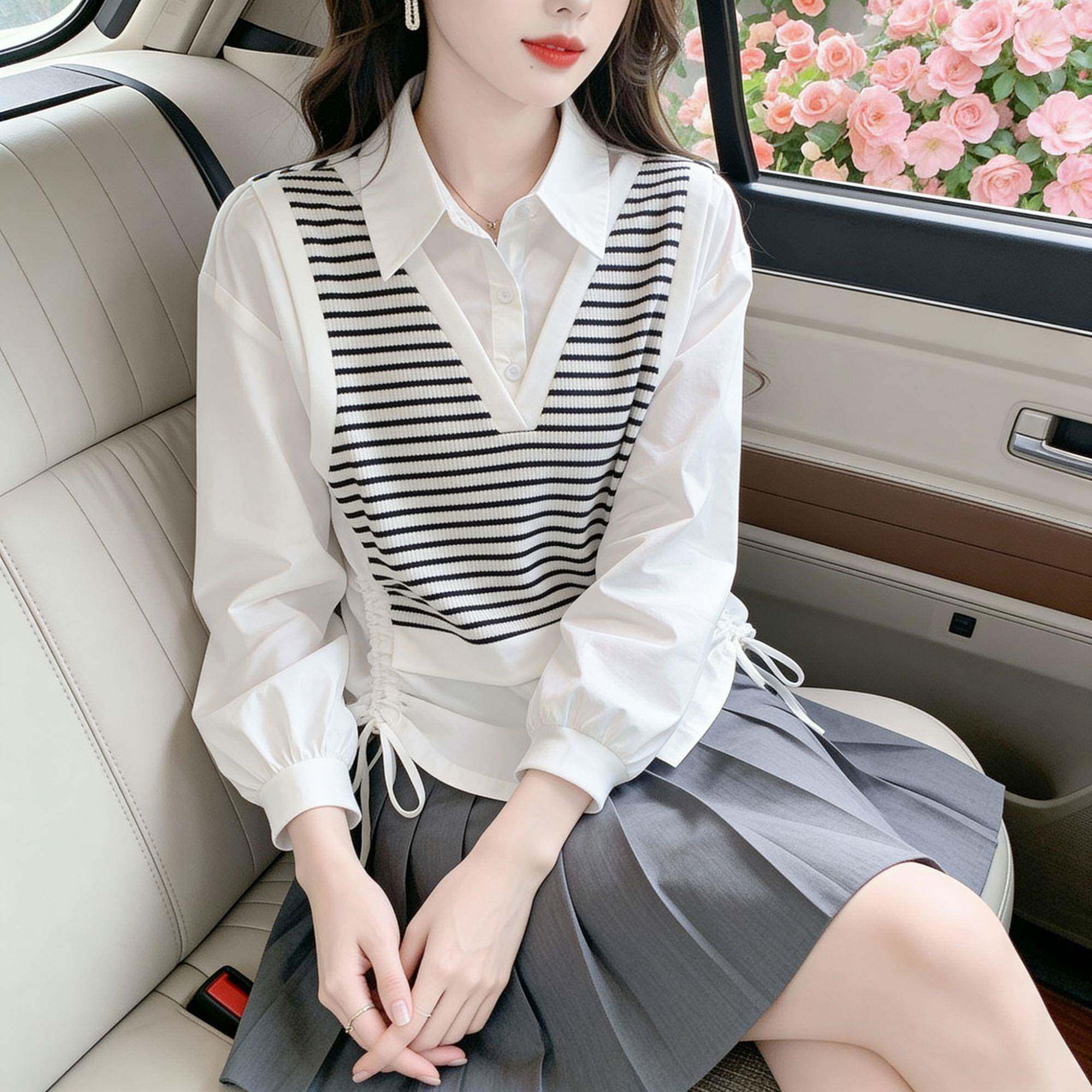 极速秋季2026新款休闲假两件条纹拼接衬衫女宽松外穿气质显瘦长袖