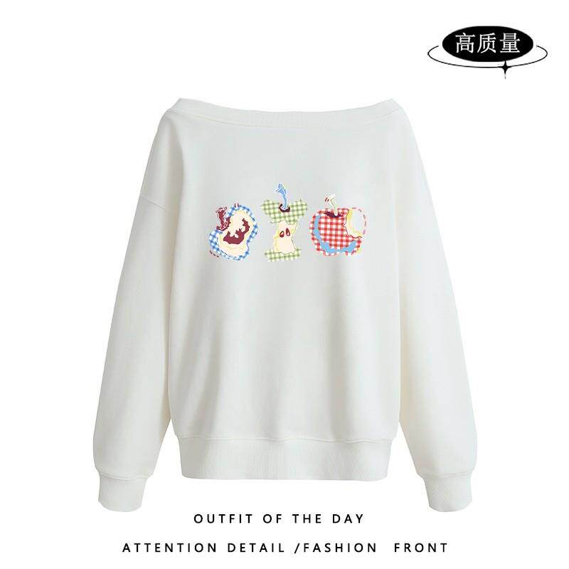 推荐黑色辣妹斜领百搭卫衣女早秋薄款露肩设计感小众印花显瘦长袖