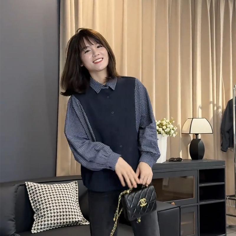 极速长袖衬衫女2026秋休闲新款韩系POLO领格子拼接撞色长袖上衣小