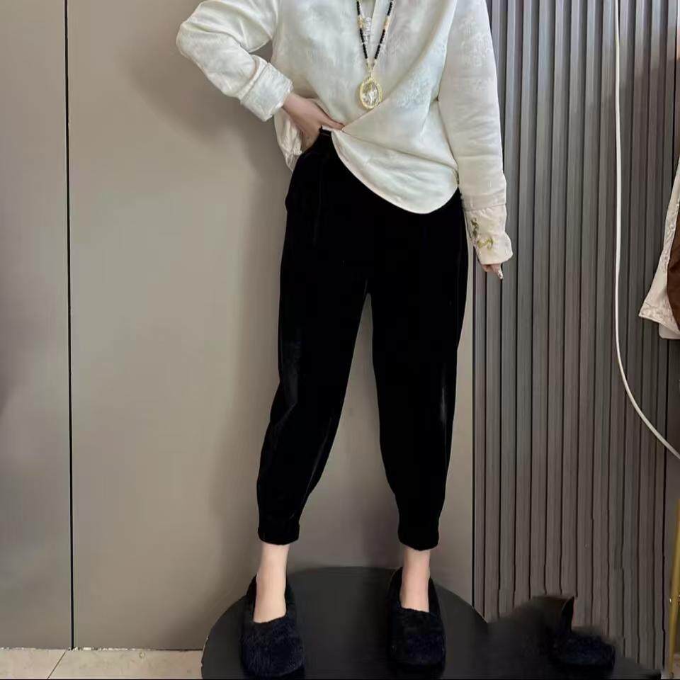 极速欧货时尚高级感松紧腰黑色金丝绒铅笔裤女2026秋复古显瘦九分