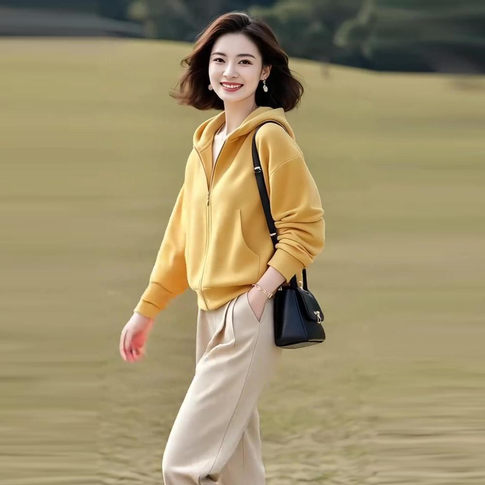 极速韩系复古纯色连帽卫衣外套女春季新款时尚洋气百搭慵懒设计感