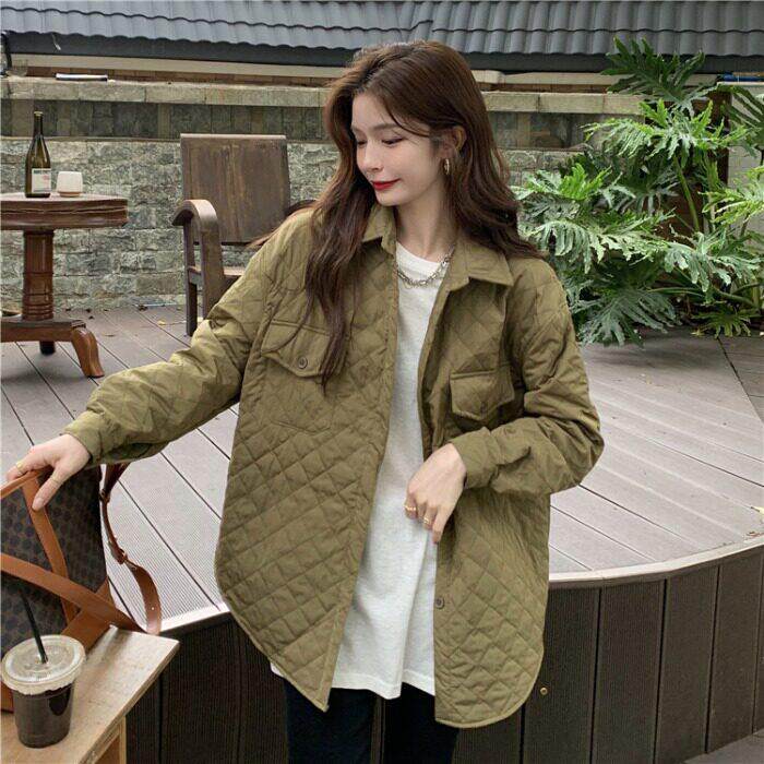 极速菱形格夹棉衬衣棉服女春秋季欧货小香风外衣复古宽松叠穿衬衫