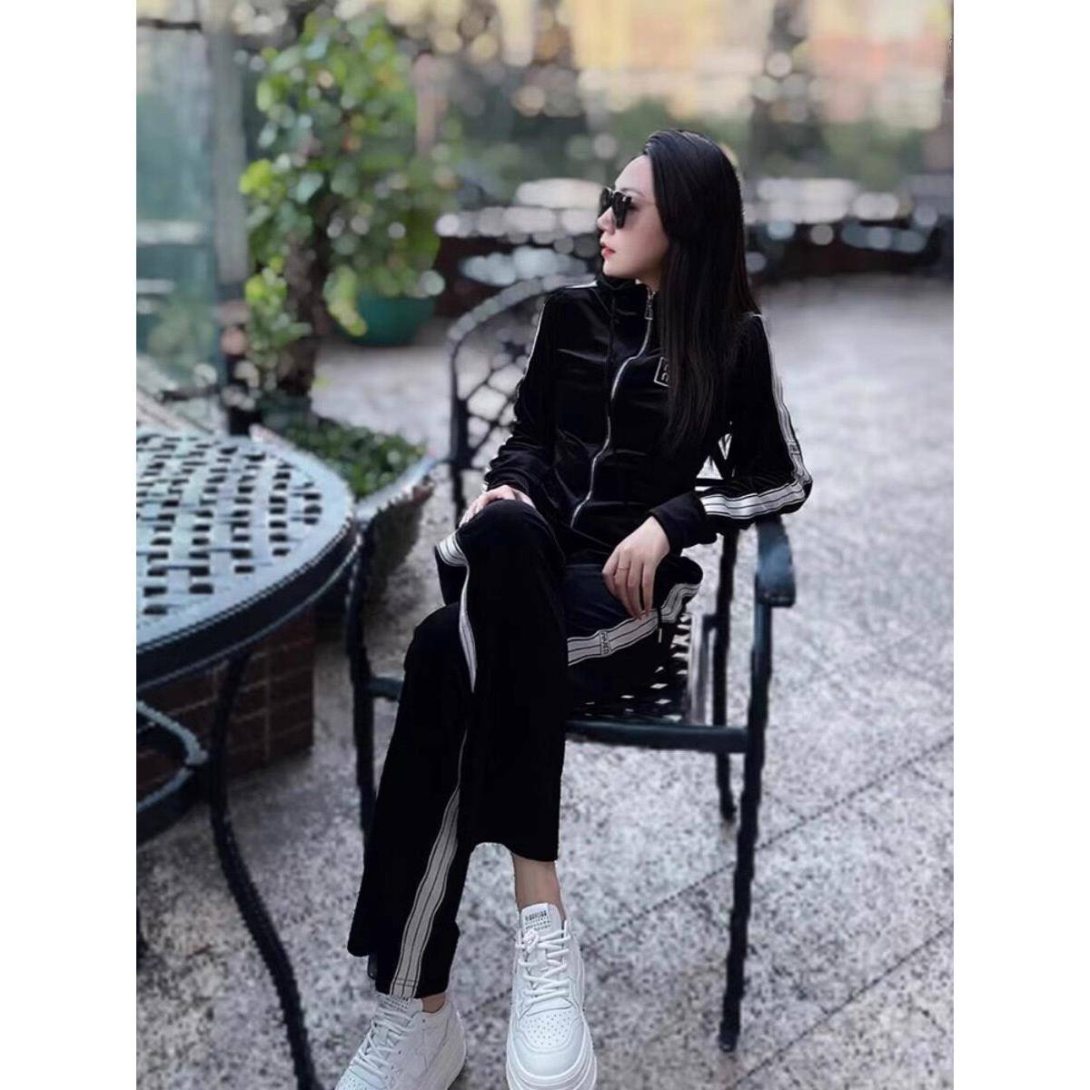 极速大码运动套装女秋装新款丝绒连帽开衫高腰阔腿裤胖mm休闲两件