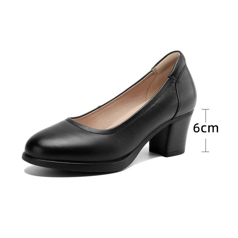 推荐全真皮粗跟圆头浅口单鞋女中跟通勤高跟鞋软底舒适不累脚白色