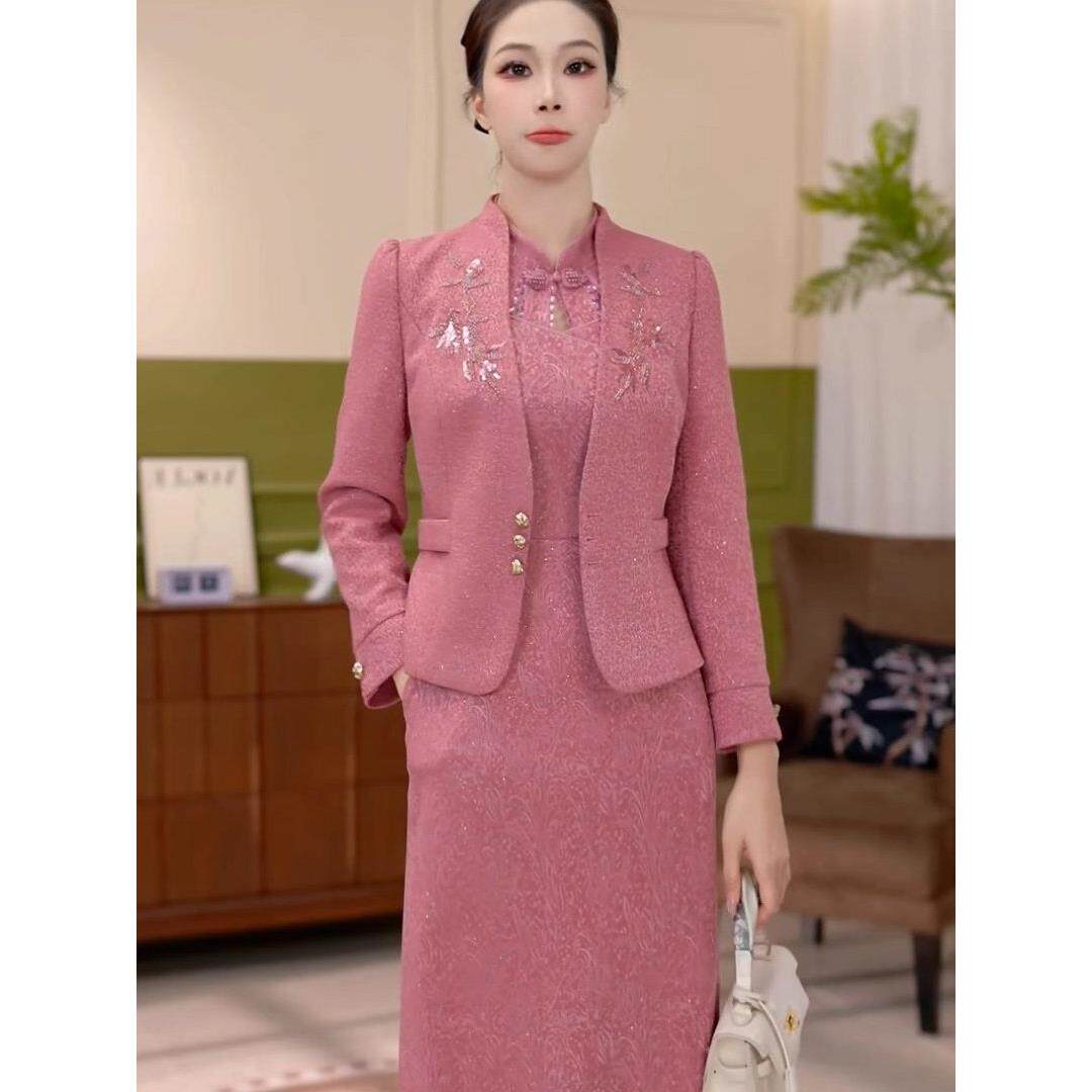 极速新中式时尚套装连衣裙女2026秋季新款中年妈妈显瘦遮肉两件套