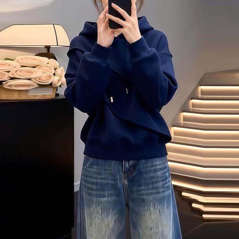极速设计感拼接连帽深蓝色卫衣女装2026春季新款宽松显瘦百搭长袖