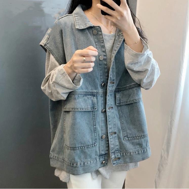 极速蓝色工装牛仔马甲女春秋欧货洋气小衫单排扣重工水洗马夹背心