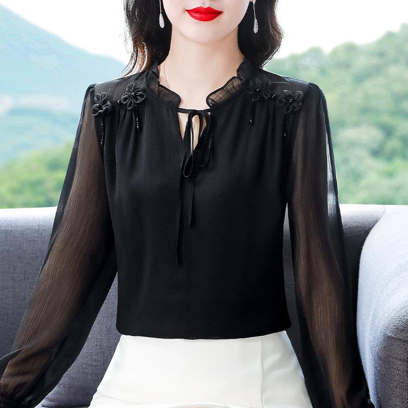 极速时尚木耳立领长袖衬衫女士秋季洋气系带气质小衫漂亮优雅雪纺
