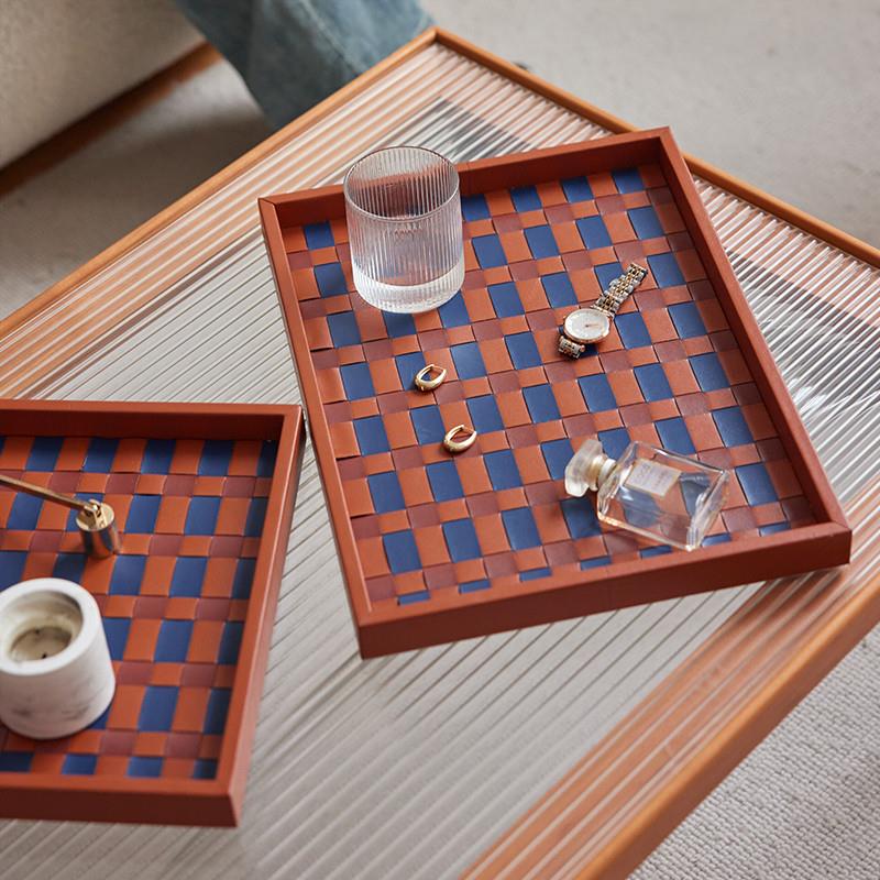 新品棋盘格编织皮革托盘轻