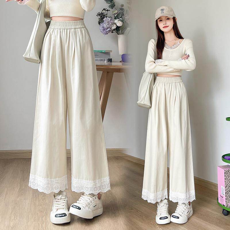 推荐蕾丝花边阔腿裤女秋季高腰显瘦小个子松紧腰宽松直筒九分休闲