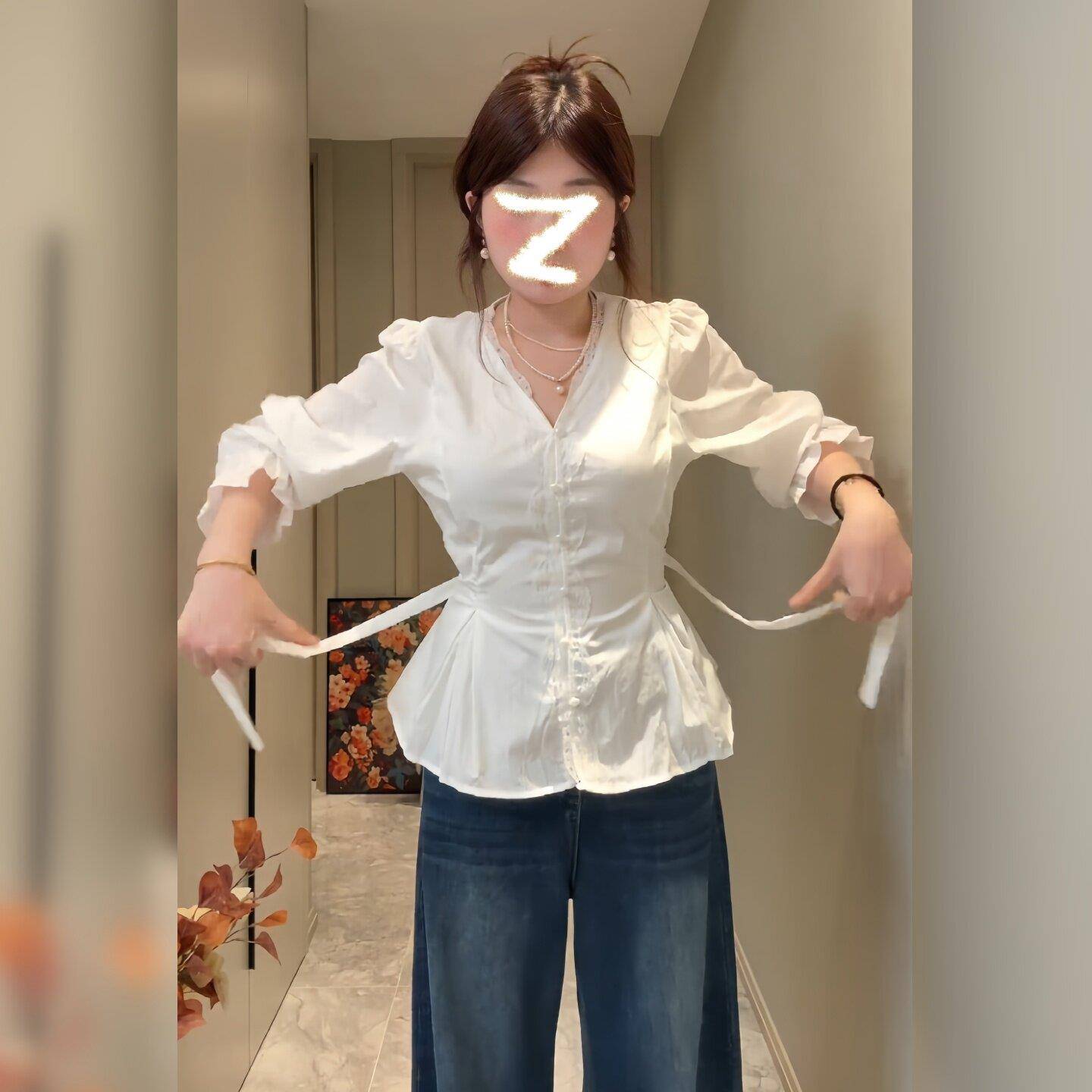 极速A2611大码韩版ins风甜美减龄V领收腰设计感衬衫上衣2026秋季