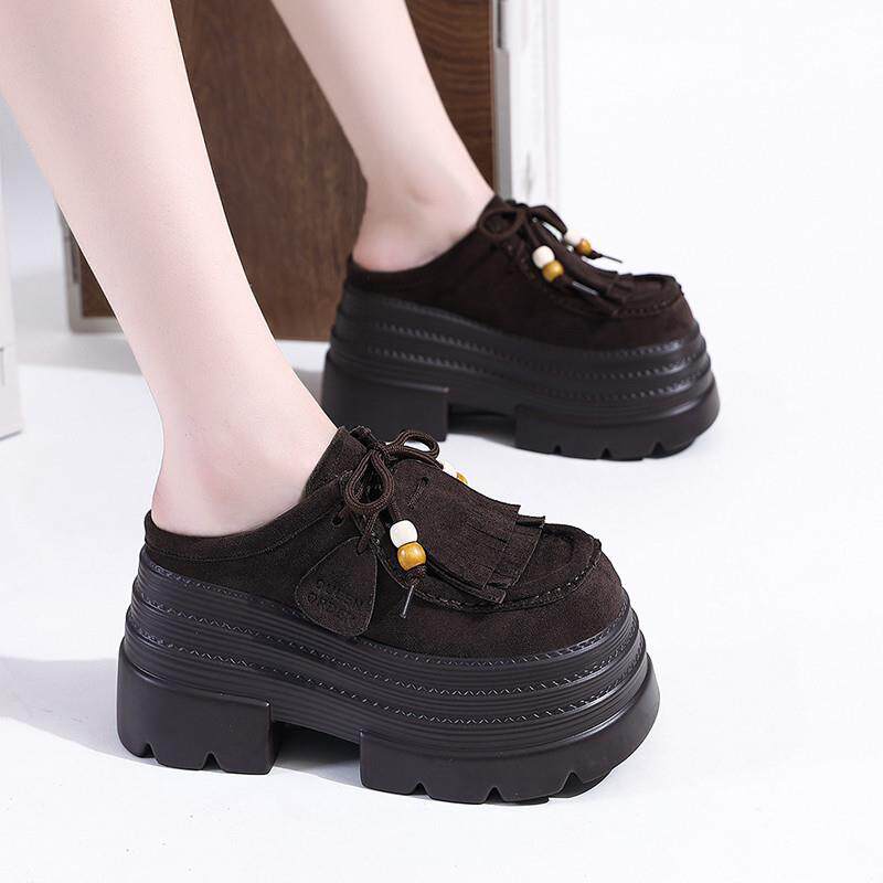 推荐2025秋季新款10cm内增高拖鞋厚底流苏勃肯包头拖鞋百搭松糕半