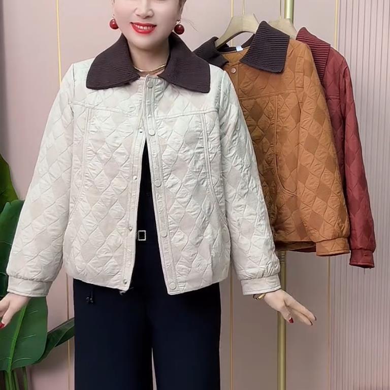 极速早春新款菱形格拼接翻领轻薄棉服女宽松保暖外套休闲中老年女
