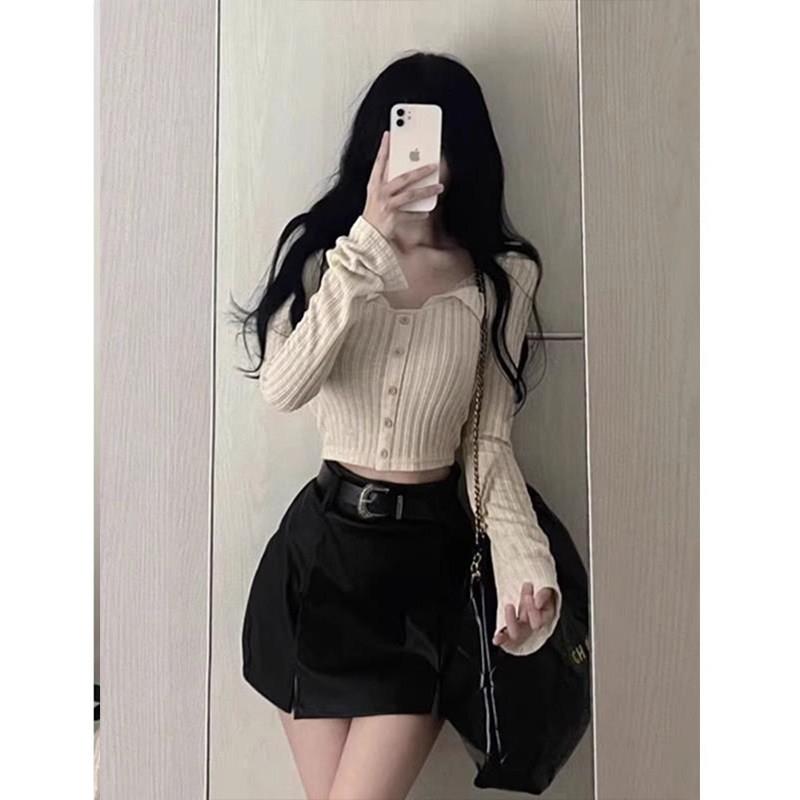 极速甜美日系方领蕾丝条纹开衫长袖t恤女秋季辣妹纯欲风修身短款
