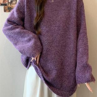 韩系慵懒风紫色长袖针织衫毛衣女秋冬大码胖mm宽松高级感外穿上衣