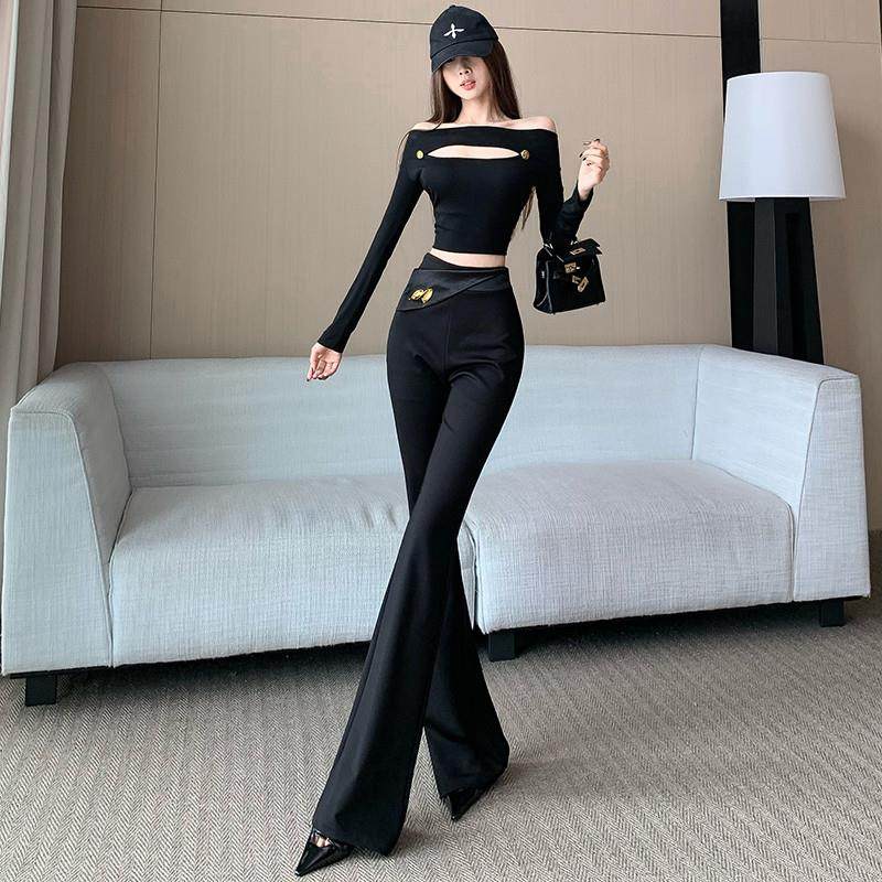 推荐翻边侧拉链喇叭裤女高腰显瘦微喇西装裤高级感垂感修身休闲裤