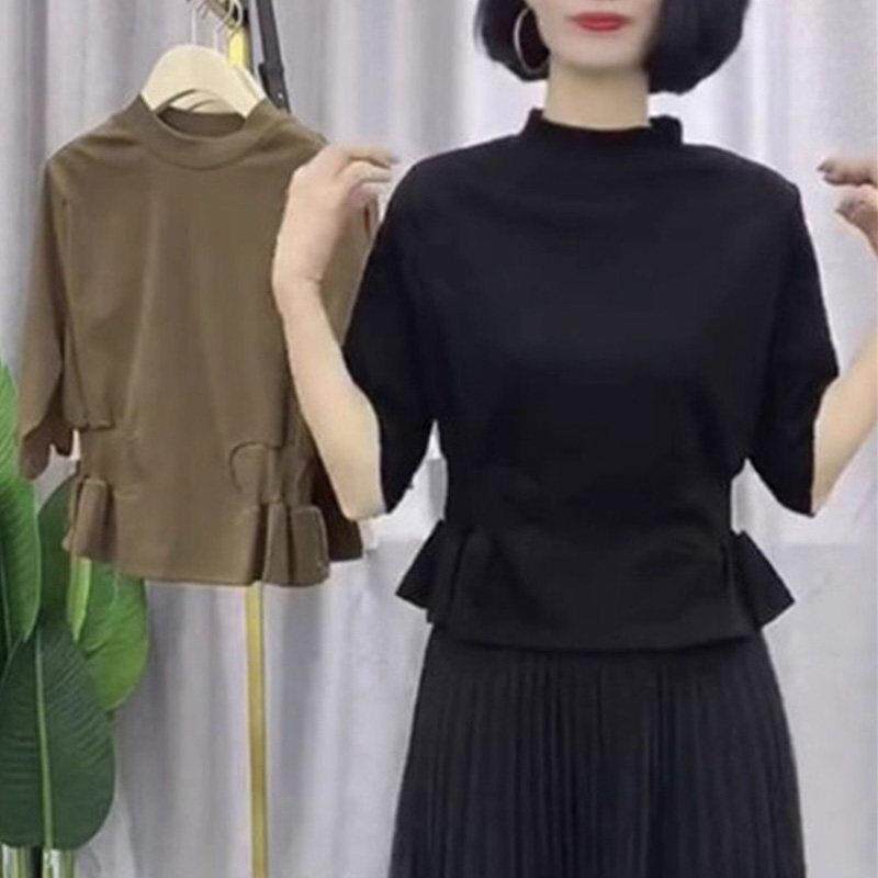 极速早春秋收腰修身中袖T恤女洋气圆领遮肉七分打底衫气质显瘦白