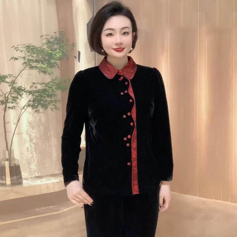 极速洋气妈妈丝绒开衫秋冬新款高档乔其纱拼接修身显瘦外穿翻领外