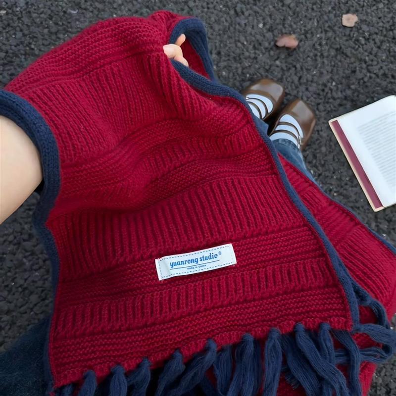 吴昕同款红蓝撞色流苏针织