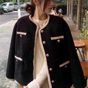 小香风高级感黑色长袖外套女2025秋季大码胖mm宽松短款开衫上衣潮