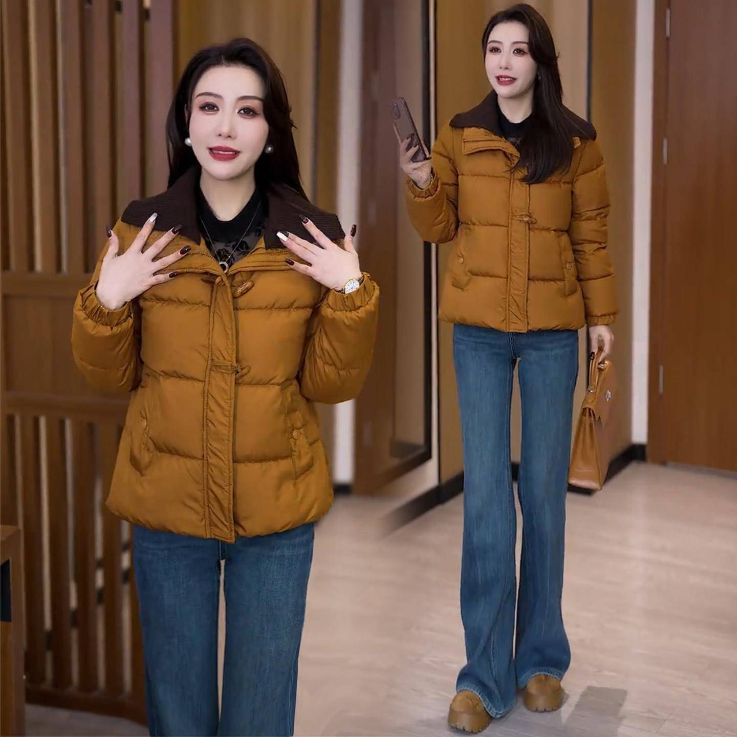 极速时尚针织翻领短款羽绒棉服女冬季新款洋气宽松加厚保暖棉袄外