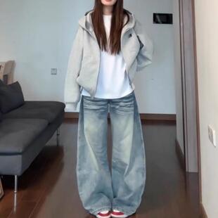 推荐美式复古阔腿牛仔裤女2025秋季新款大码梨型身材高腰显瘦拖地