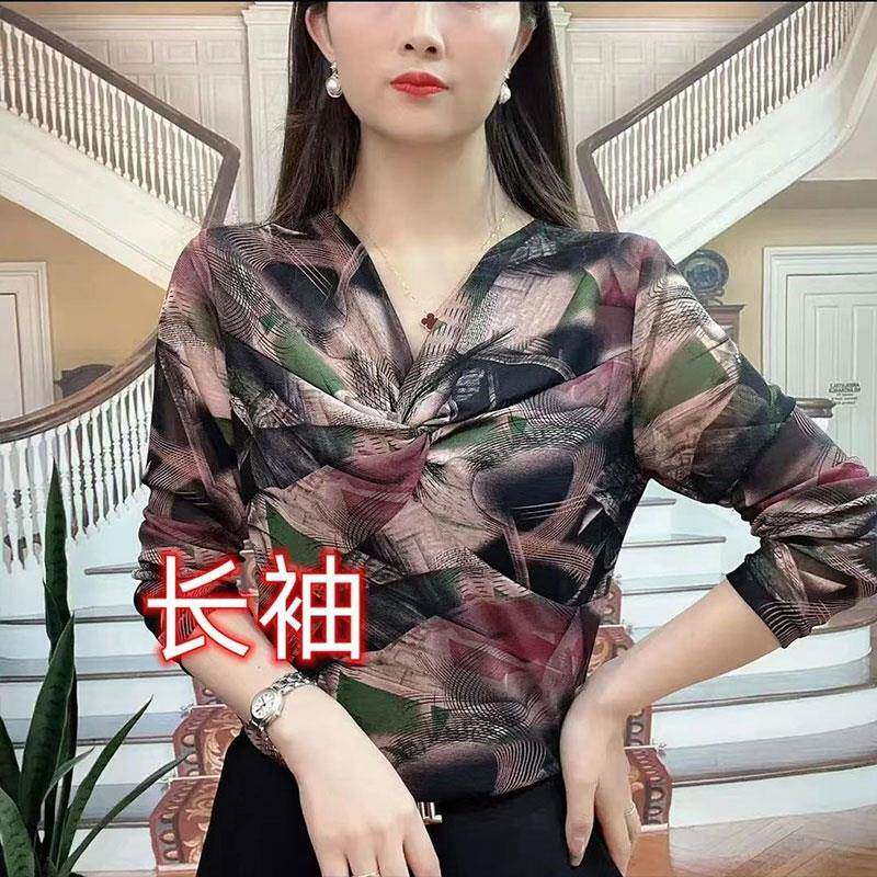 极速洋气弹力网纱上衣女士2026秋季新款宽松显瘦韩版气质妈妈装打
