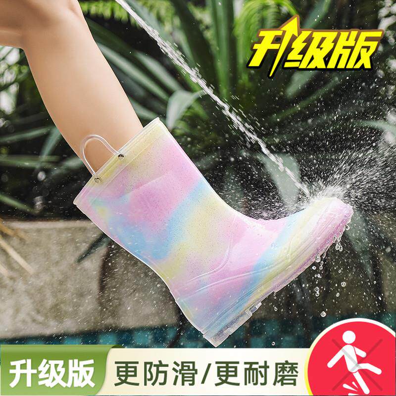 推荐手提彩虹雨鞋女夏季外穿防水防滑学生户外时尚款水鞋长筒钓鱼