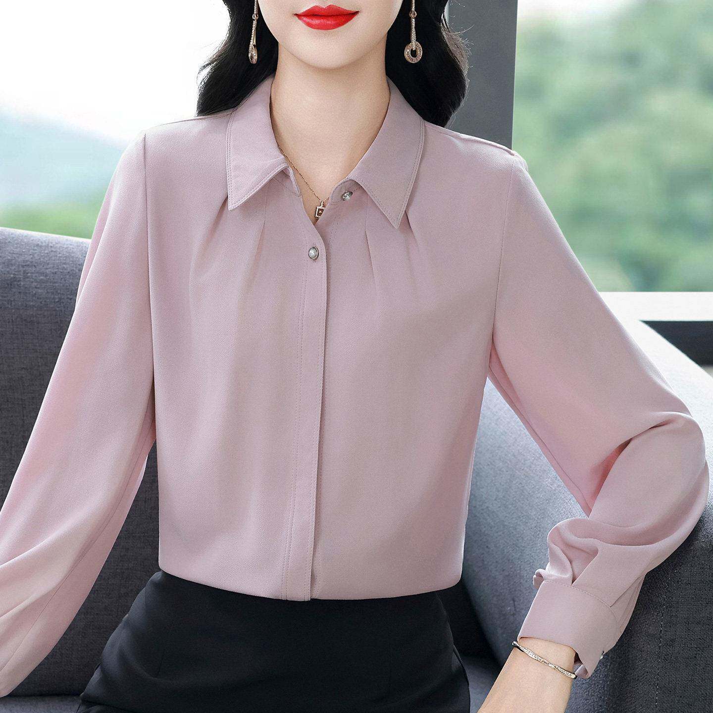极速法式时尚翻领长袖雪纺衬衫女士秋装新款百搭气质衬衣通勤职业