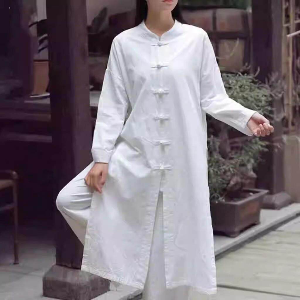 极速中式国风棉麻盘扣茶服外套女中长款宽松复古休闲太极禅服大褂