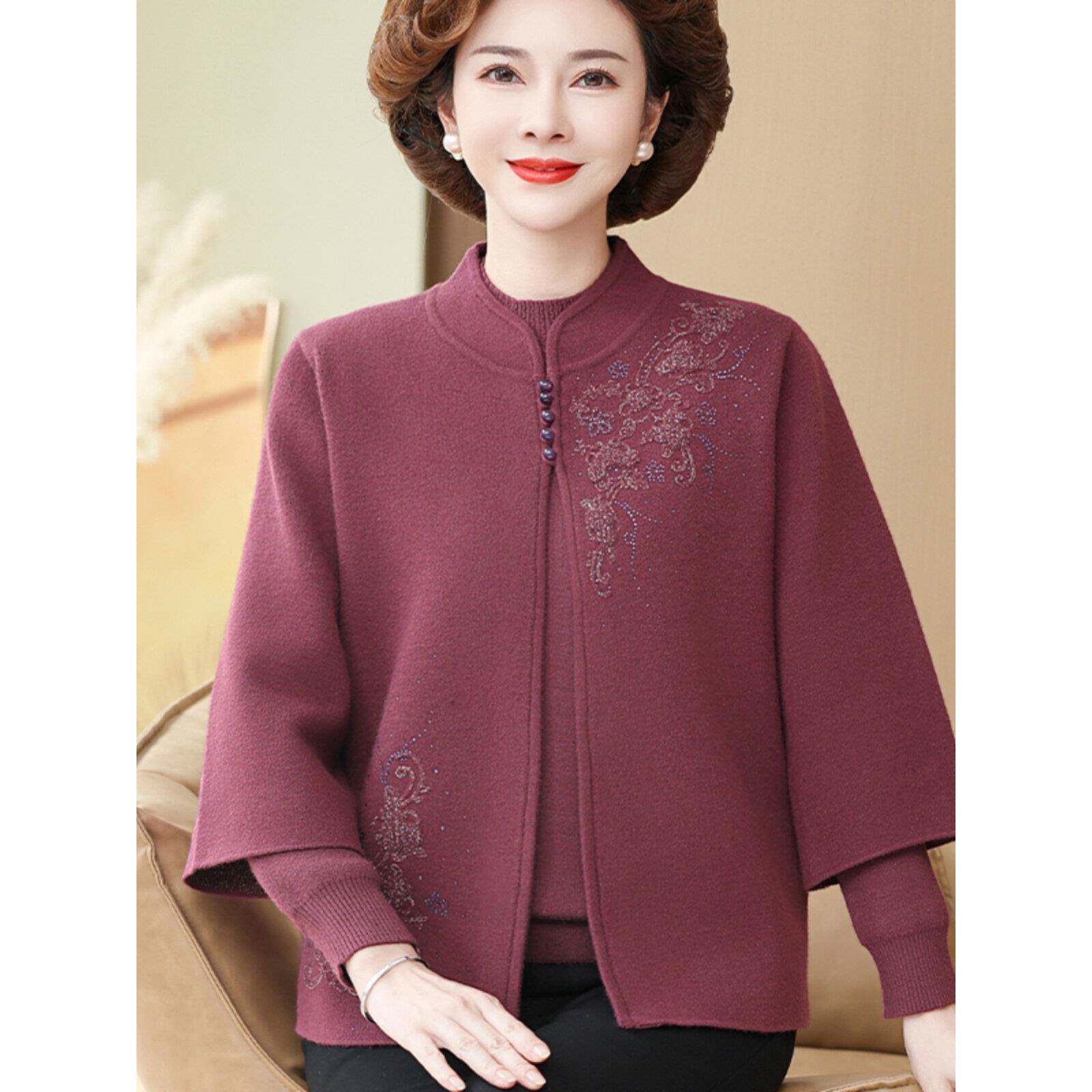 极速新款妈妈装秋冬洋气上衣中老年女中式婚礼服针织开衫加绒毛衣